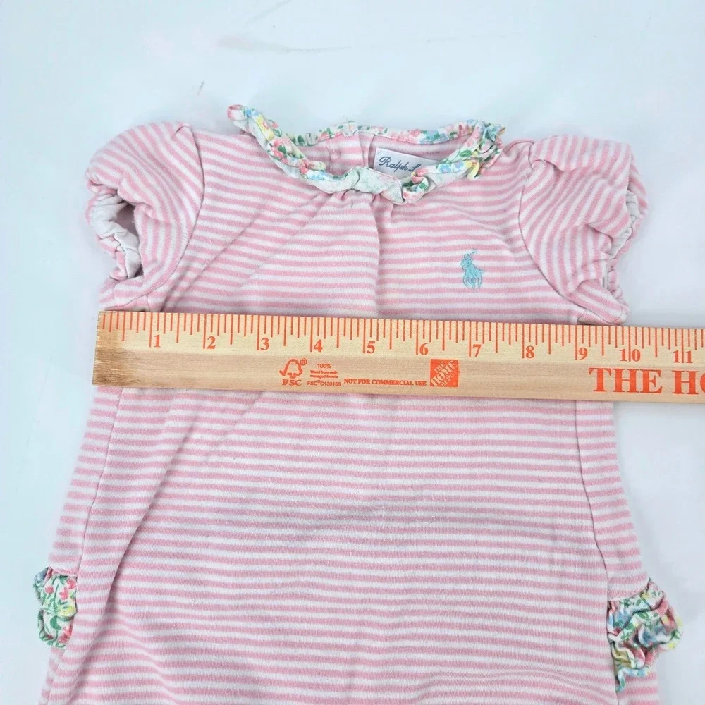 Polo Ralph Lauren Baby Girl‎ Pink White Striped Floral Ruffle Bubble Romper 6M